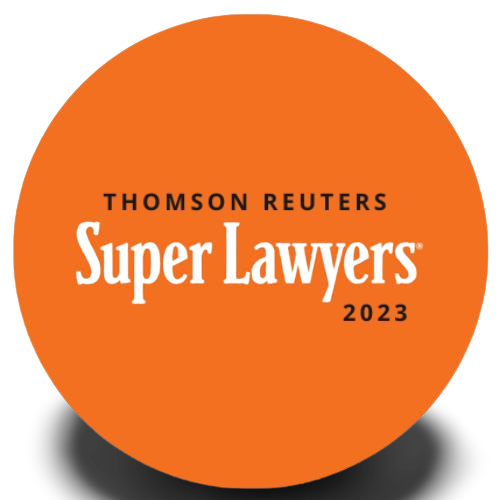 A round orange with the words " thomson reuters super lawyers 2 0 2 3 ".