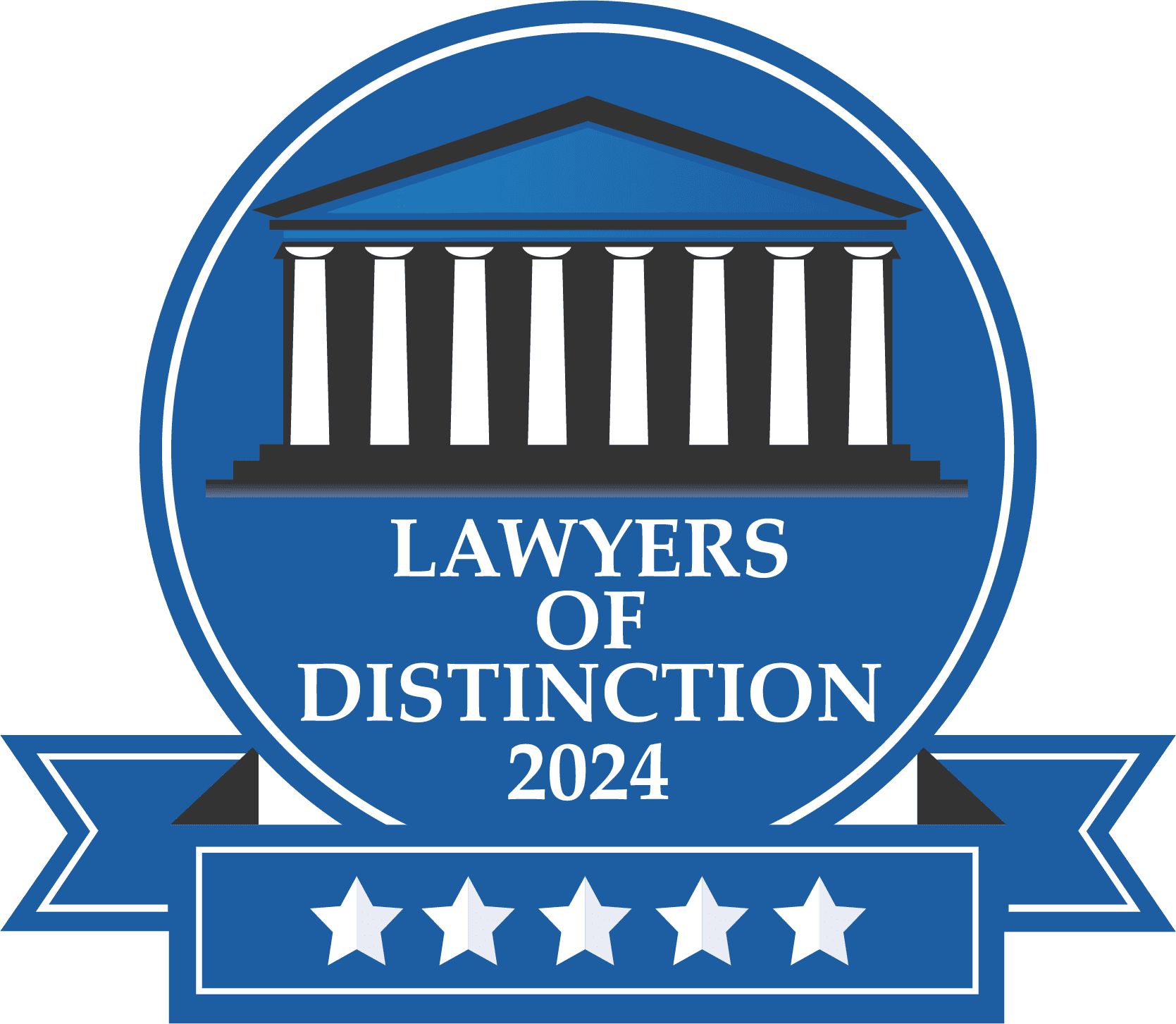 A blue badge with the words lawyers of distinction 2 0 2 4